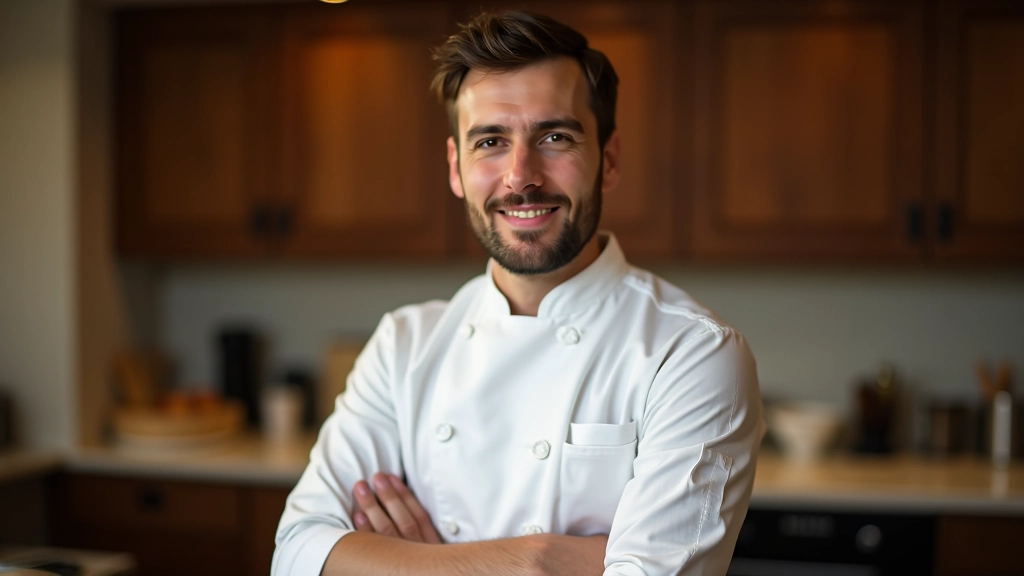 Chef português preparando prato tradicional com ingredientes regionais numa cozinha profissional luminosa