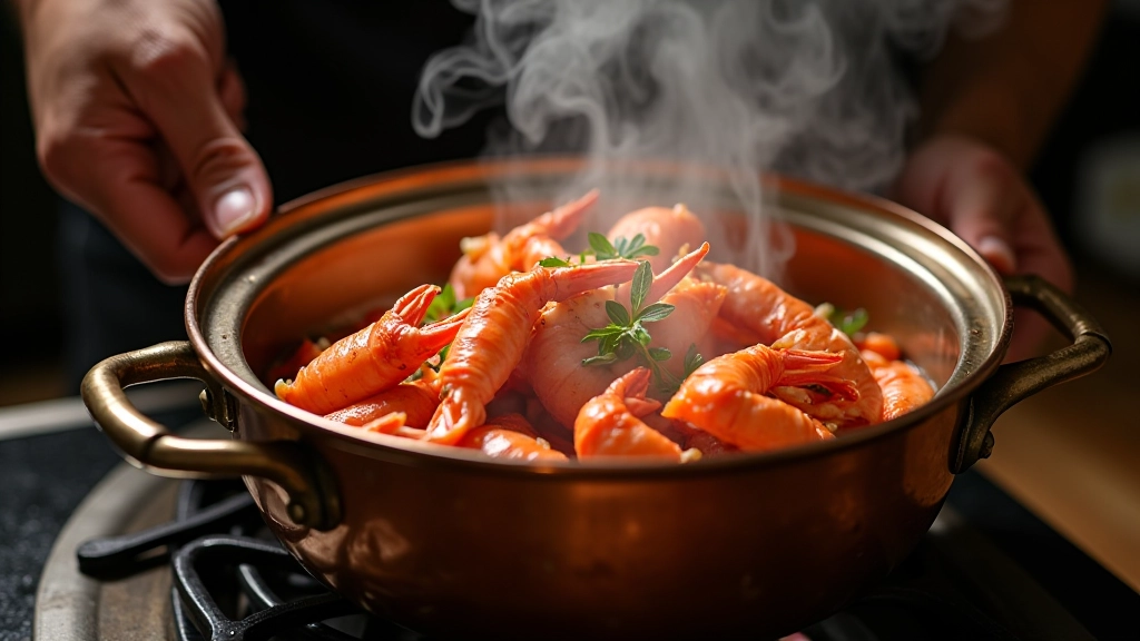 Panela de cobre cataplana aberta mostrando mariscos frescos e vapor saindo, técnica tradicional algarviana