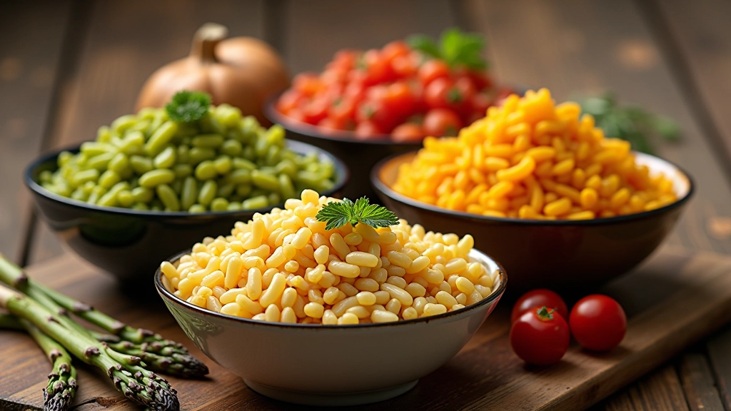 Diferentes versões de arroz sazonal em tigelas, mostrando as variações de cada estação