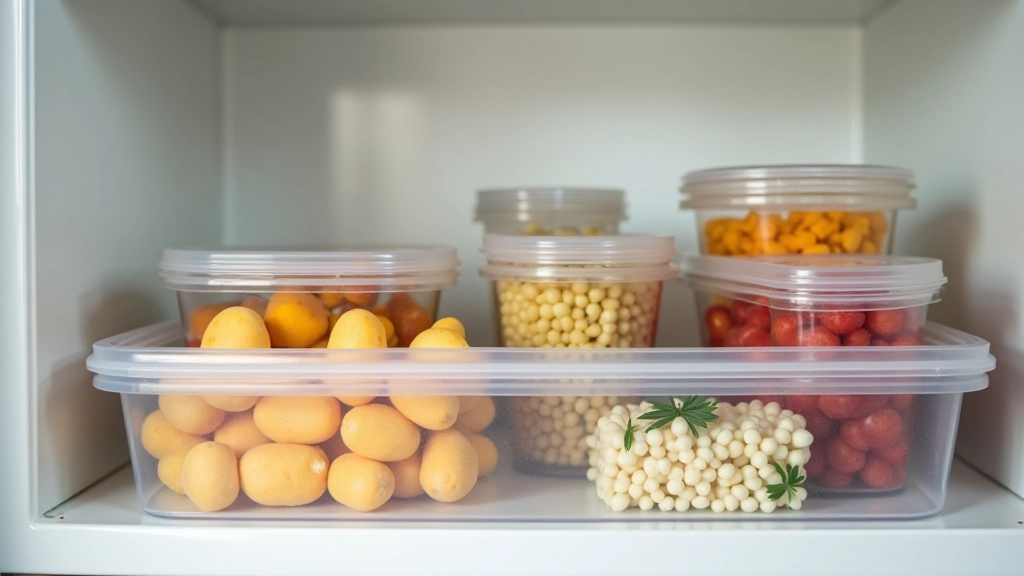 Gaveta de congelador bem organizada com recipientes etiquetados contendo caldos e preparados portugueses, vista superior clara