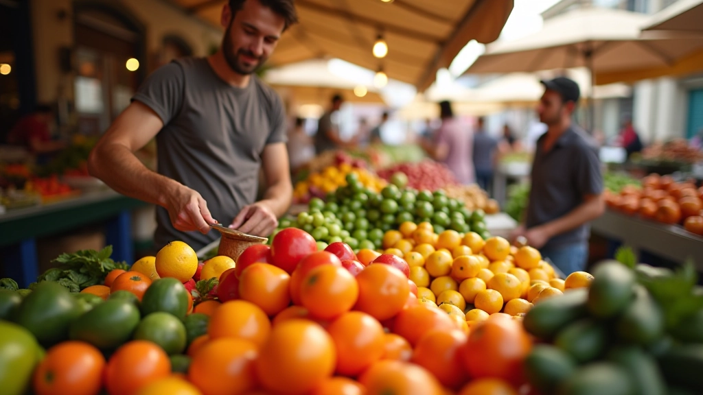 Mercado português tradicional com barraca de produtos frescos, frutas e vegetais coloridos expostos, vendedor de peixe ao fundo