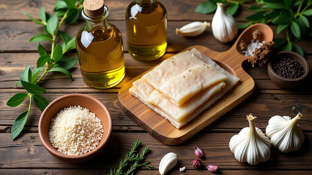 Variedade de ingredientes regionais portugueses dispostos sobre superfície rústica: azeite, bacalhau, sal, ervas secas