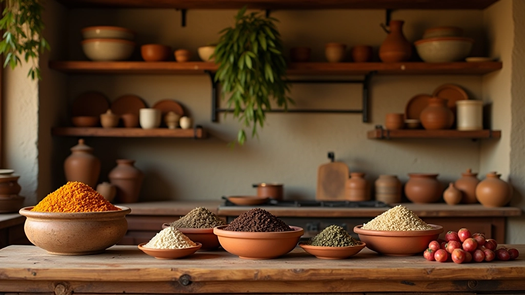Cozinha portuguesa tradicional com utensílios antigos pendurados na parede e uma tigela de barro contendo especiarias caseiras