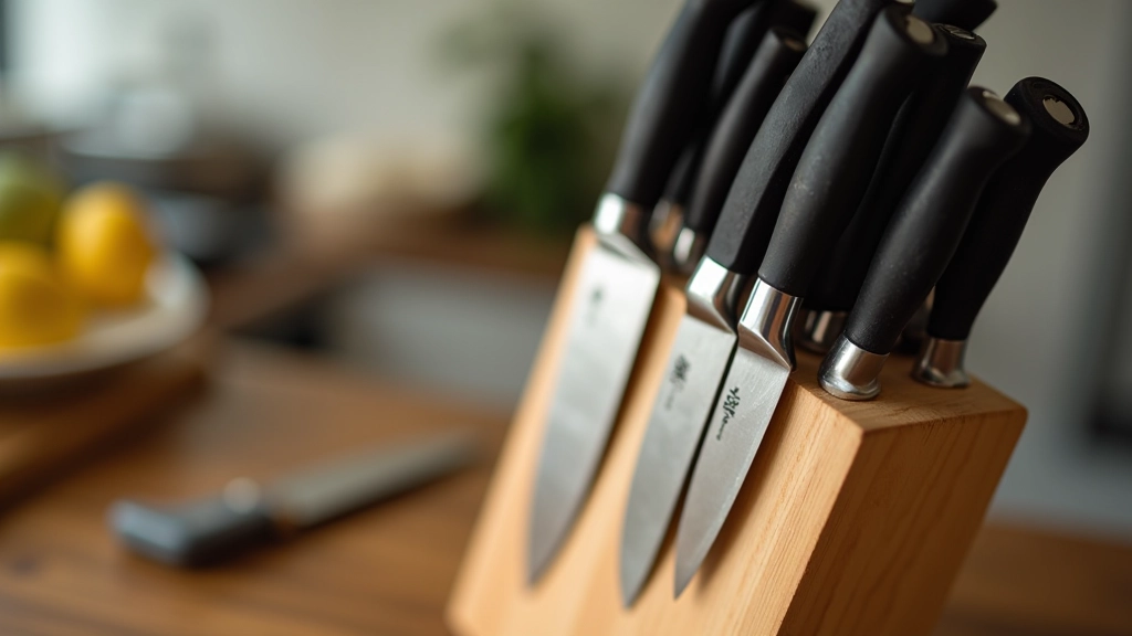 Conjunto de facas de cozinha de diferentes tamanhos afiadas em suporte de madeira, com foco em detalhe das lâminas brilhantes