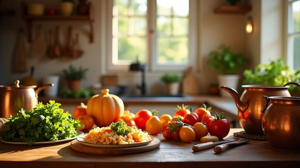 Cozinha portuguesa tradicional com ingredientes frescos e utensílios de cozinha em ambiente luminoso