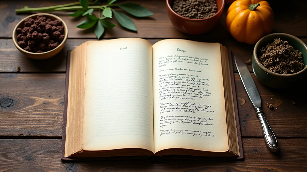 Livro antigo de receitas abertas com anotações manuscritas, ervas secas e ingredientes tradicionais ao lado, luz natural da janela